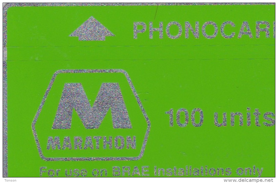 UK, CUR004, 100 Units, Marathon, Oil Rig Phonecard, Green Band, Notched, 2 Scans.   (Cn : 148A). - Plateformes Pétrolières