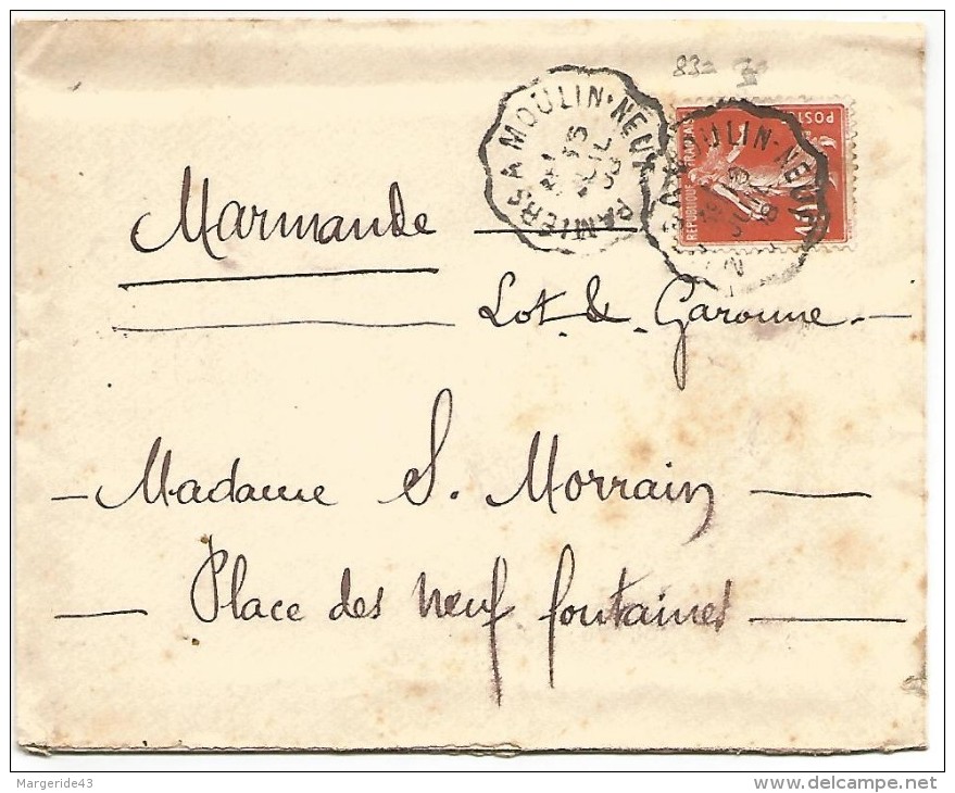 AMBULANT DE PAIERS A MOULIN NEUF DU 15/7/1908 - Poste Ferroviaire