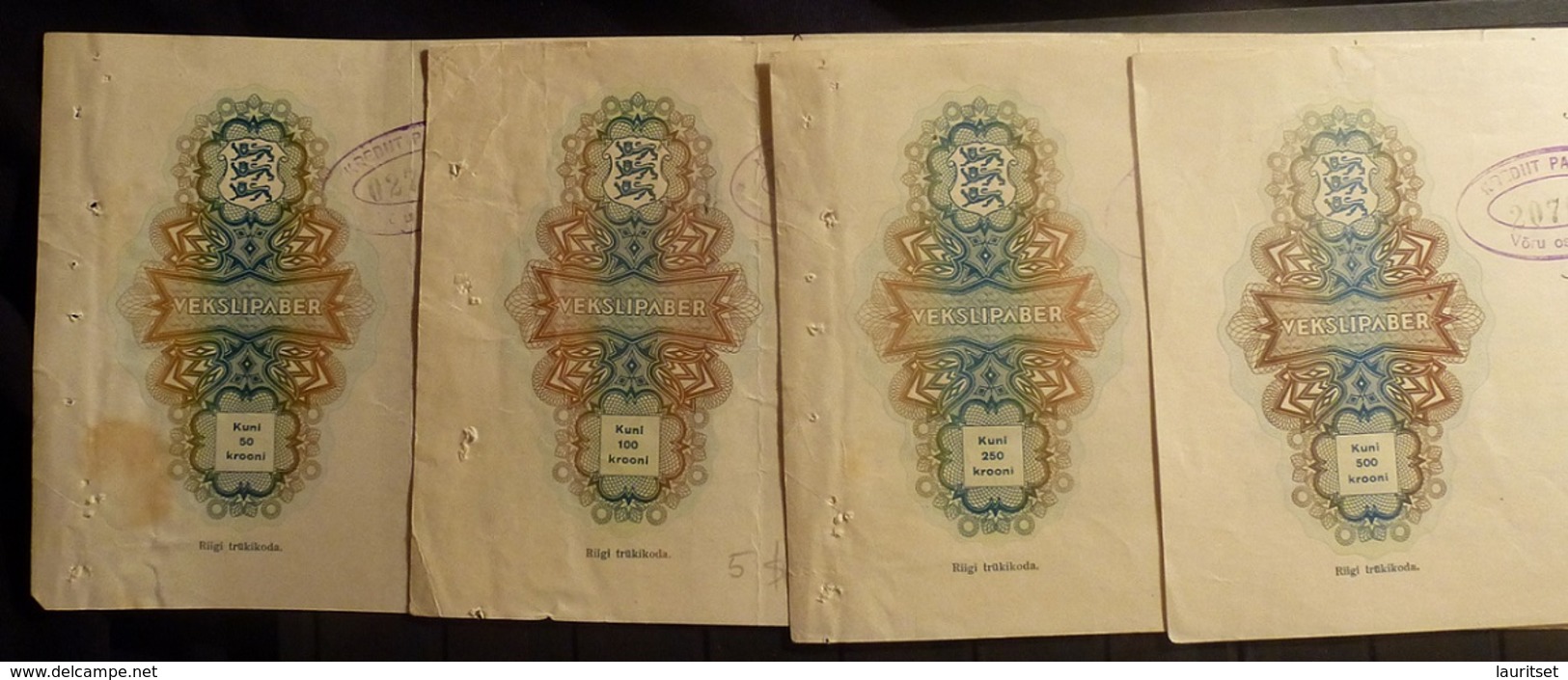 Estonia Estonie 1930/32 Wechselpapiere 50 & 100 & 250 & 500 Kronen Kredit Bank Võru - Estonie