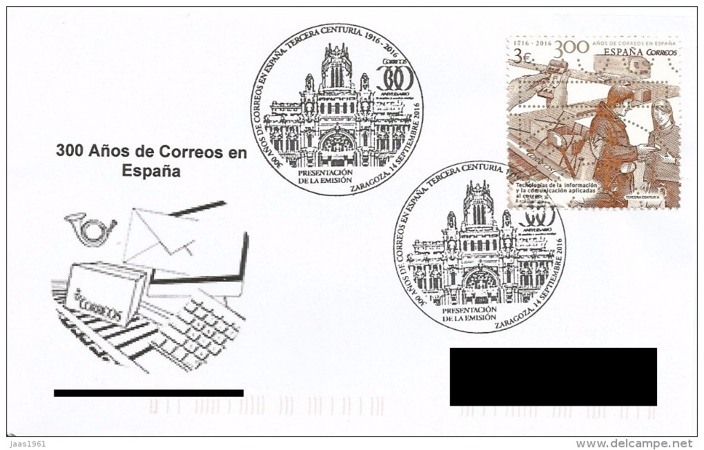 SPAIN. POSTMARK 300th ANNIV. CORREOS. ZARAGOZA 2016 - FDC