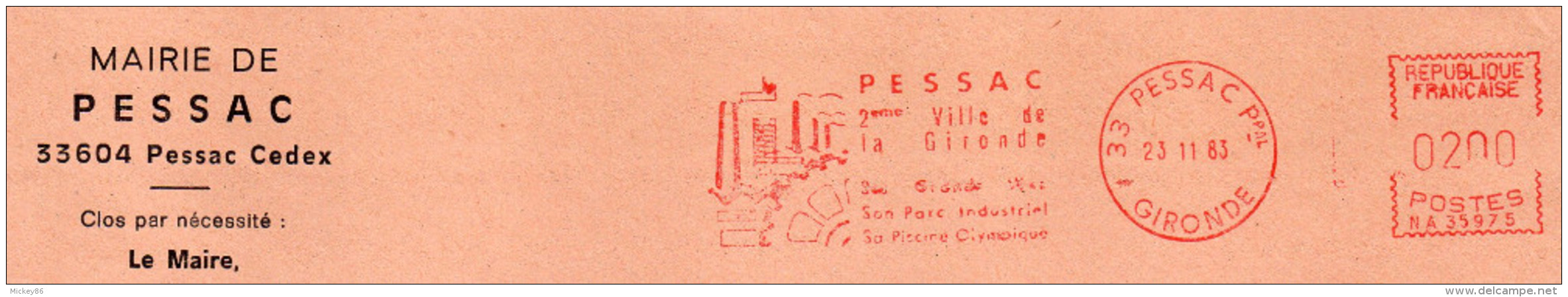 1983-EMA Mairie De PESSAC-33"2ème Ville Gironde-Piscine Olympique.." Sur Lettre-machine N° NA 35975 - EMA (Empreintes Machines à Affranchir)