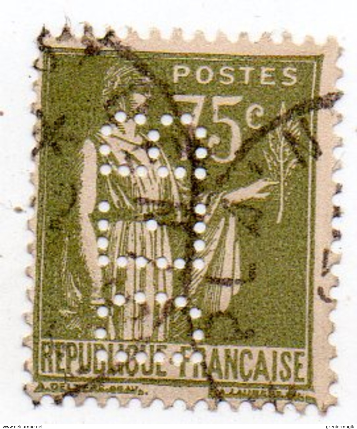 France - N°284 A - 75c Type Paix Perforé D E B - DEB - Perfin - Autres & Non Classés