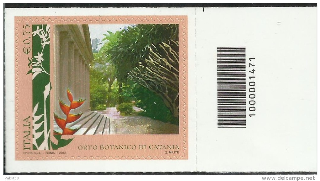 ITALY REPUBLIC ITALIA REPUBBLICA CODICE A BARRE BARCODE 2012 PARCHI GIARDI E ORTI BOTANICI ORTO BOTANICO DI CATANIA MNH - Codici A Barre