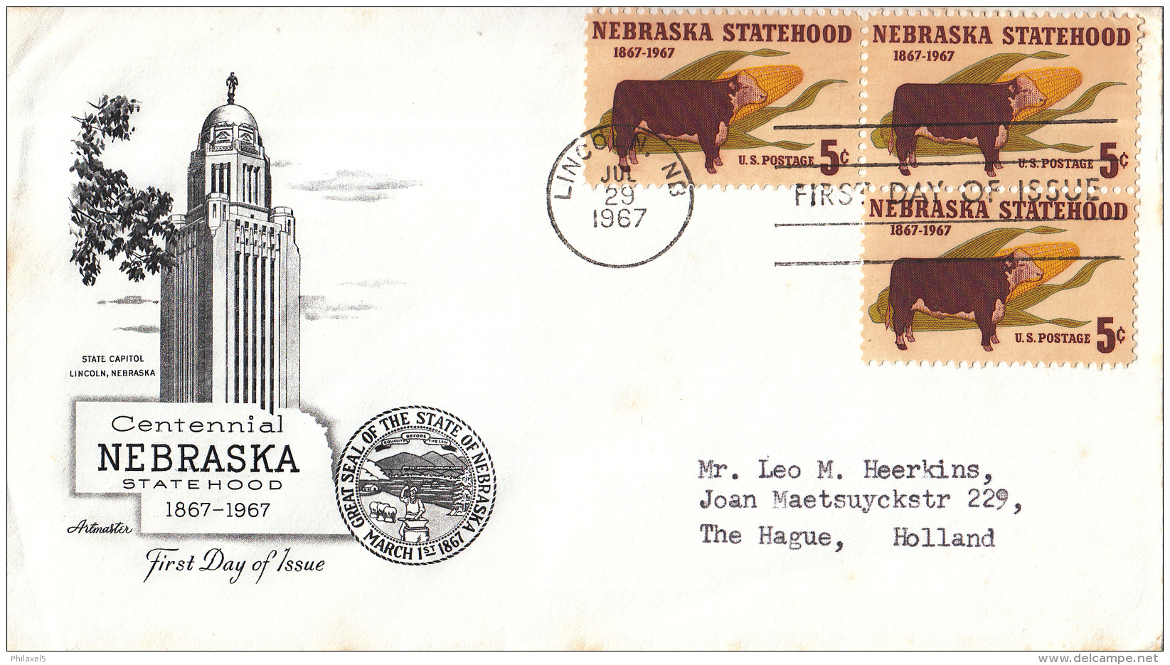 Verenigde Staten - FDC 29-7-1967 - Centennial Nebraska Statehood/100 Jaar Staat Nebraska - M 926 Blok Van 3 - 1961-1970