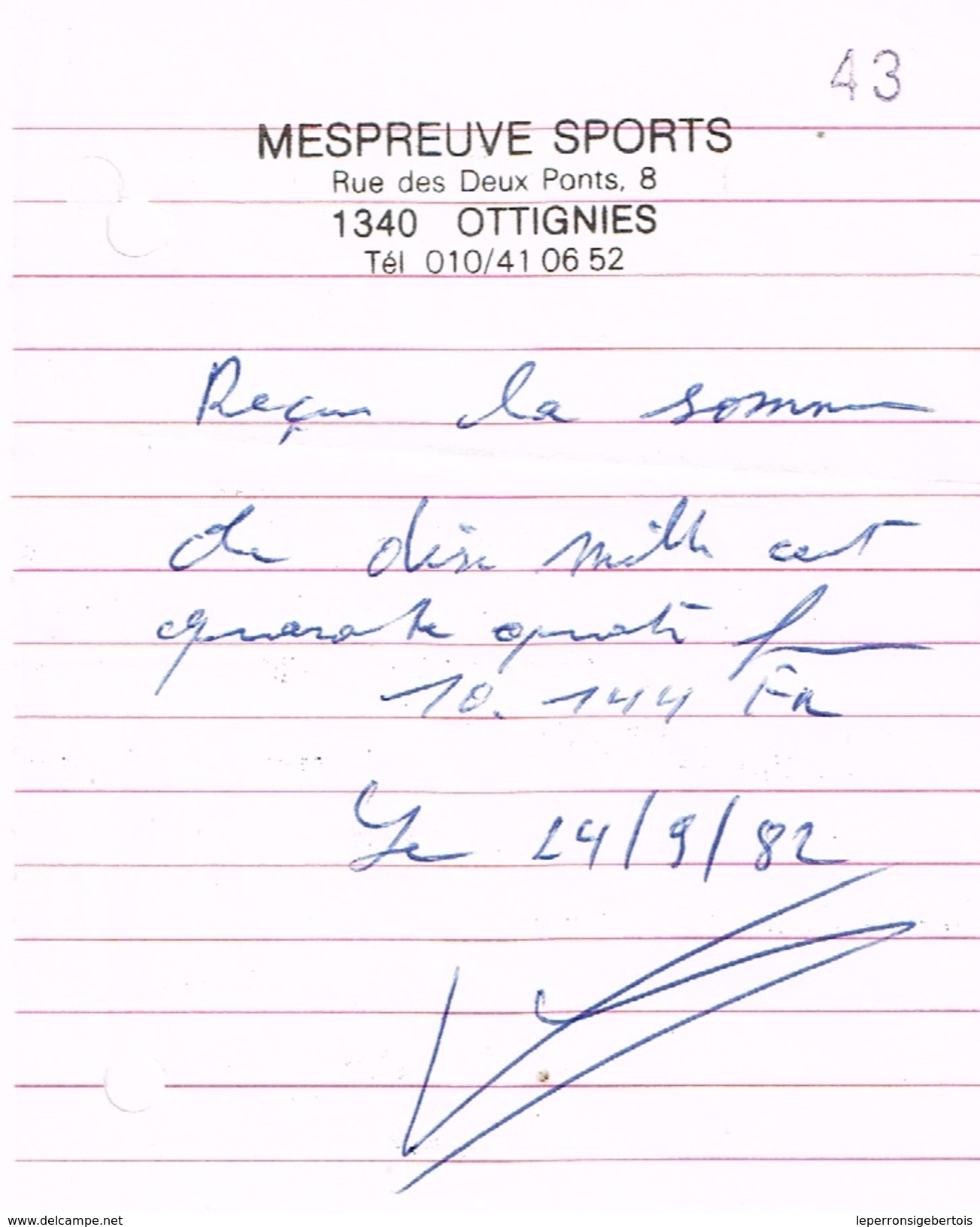 Ottignies - Mont-Saint-Guibert - Mespreuve Sports - 2 Notes De Frais De 1982 - Sport En Toerisme