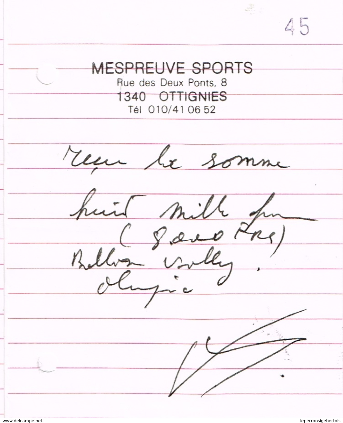 Ottignies - Mont-Saint-Guibert - Mespreuve Sports - 2 Notes De Frais De 1982 - Sport & Tourismus