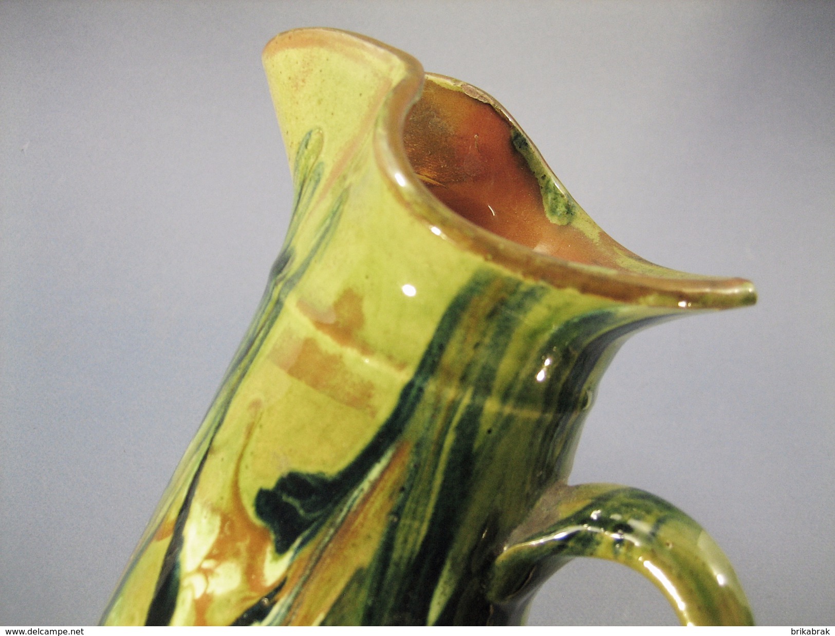 ° PICHET VERT EN TERRE CUITE VERNISSEE @ Art populaire Broc Cruche Carafe