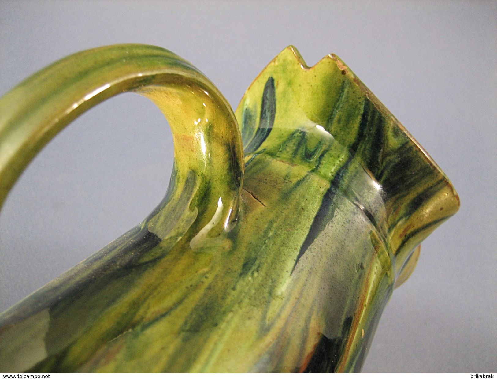 ° PICHET VERT EN TERRE CUITE VERNISSEE @ Art populaire Broc Cruche Carafe