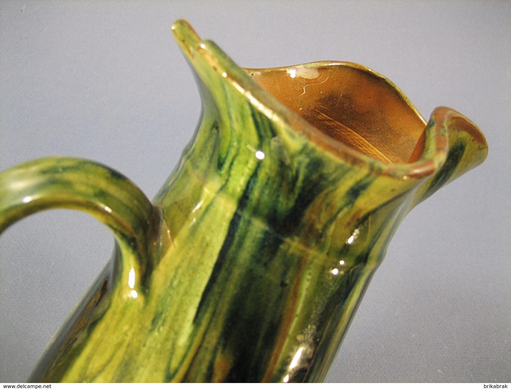 ° PICHET VERT EN TERRE CUITE VERNISSEE @ Art populaire Broc Cruche Carafe