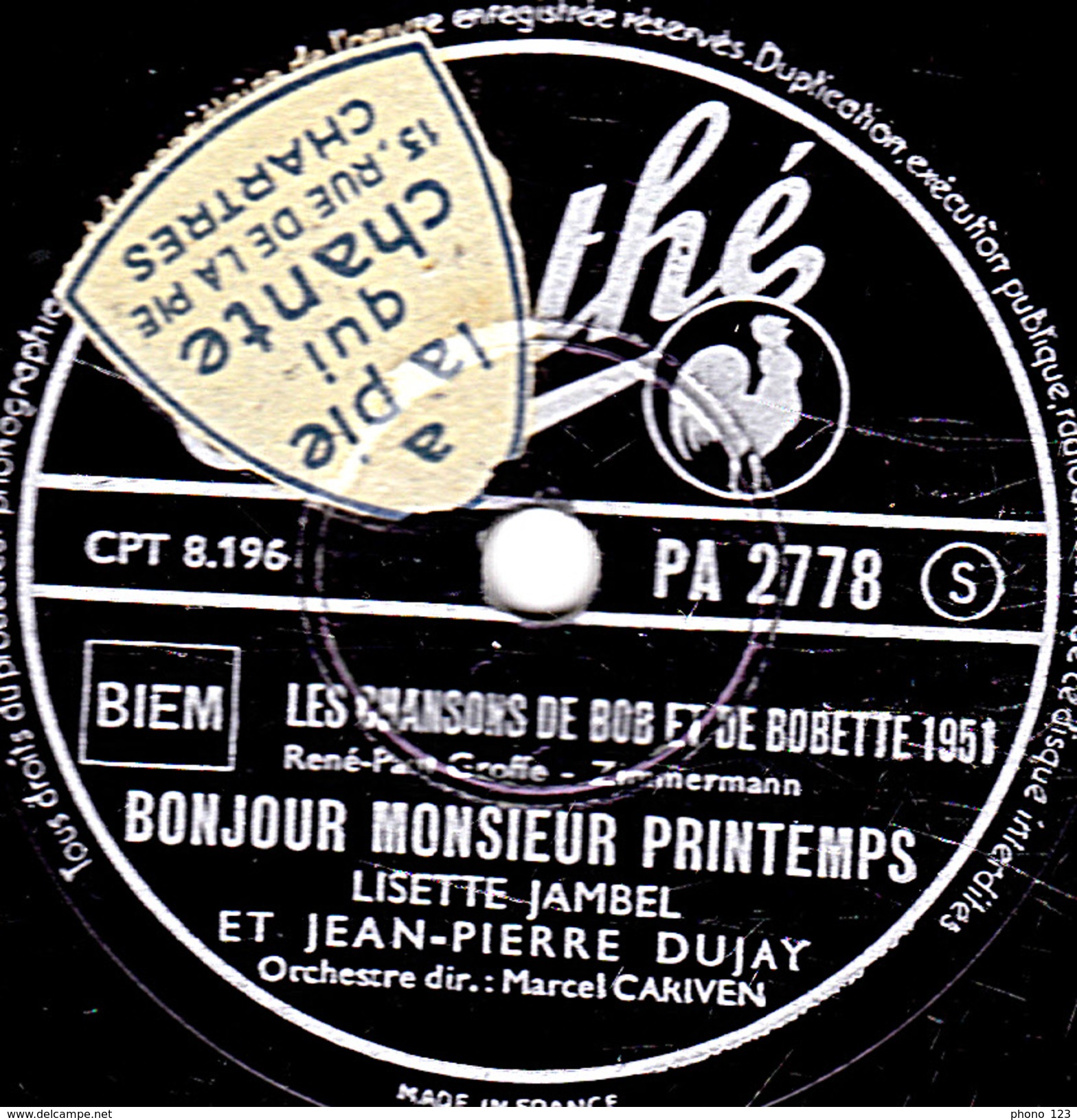 78 T. - 25 Cm - état  TB - LES CHANSONS DE BOB ET BOBETTE 1951 - LISETTE JAMBEL Et JEAN-PIERRE DUJAY - 78 T - Disques Pour Gramophone