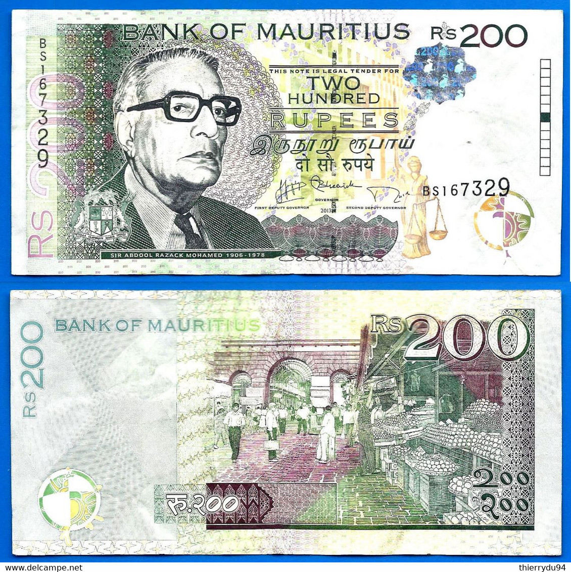 Maurice 200 Rupees 2013 Prefix BS Roupies Mauritius Island Paypal BitcoinOK - Mauritius