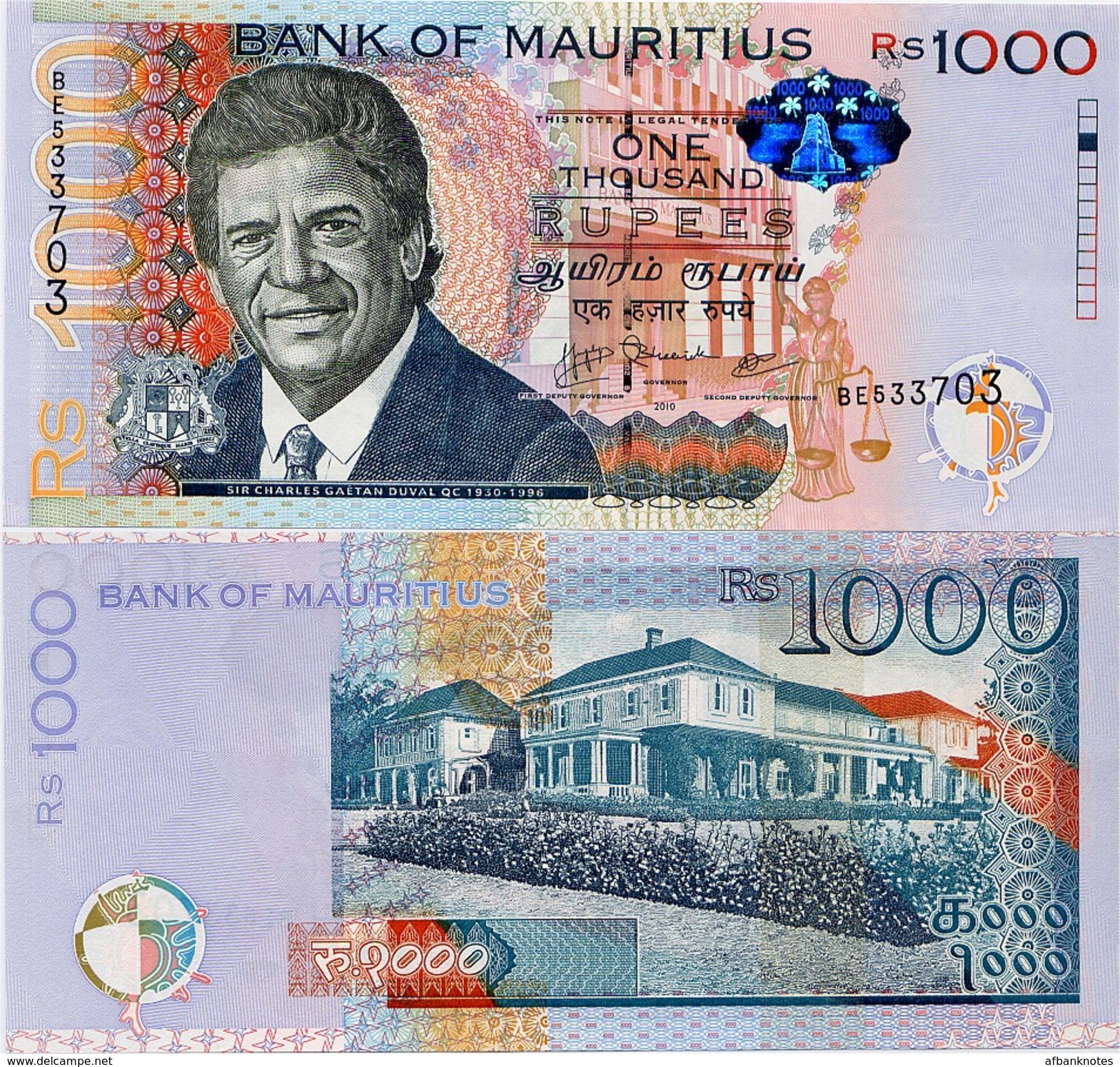 MAURITIUS       1000 Rupees       P-63       2010       UNC - Mauritius