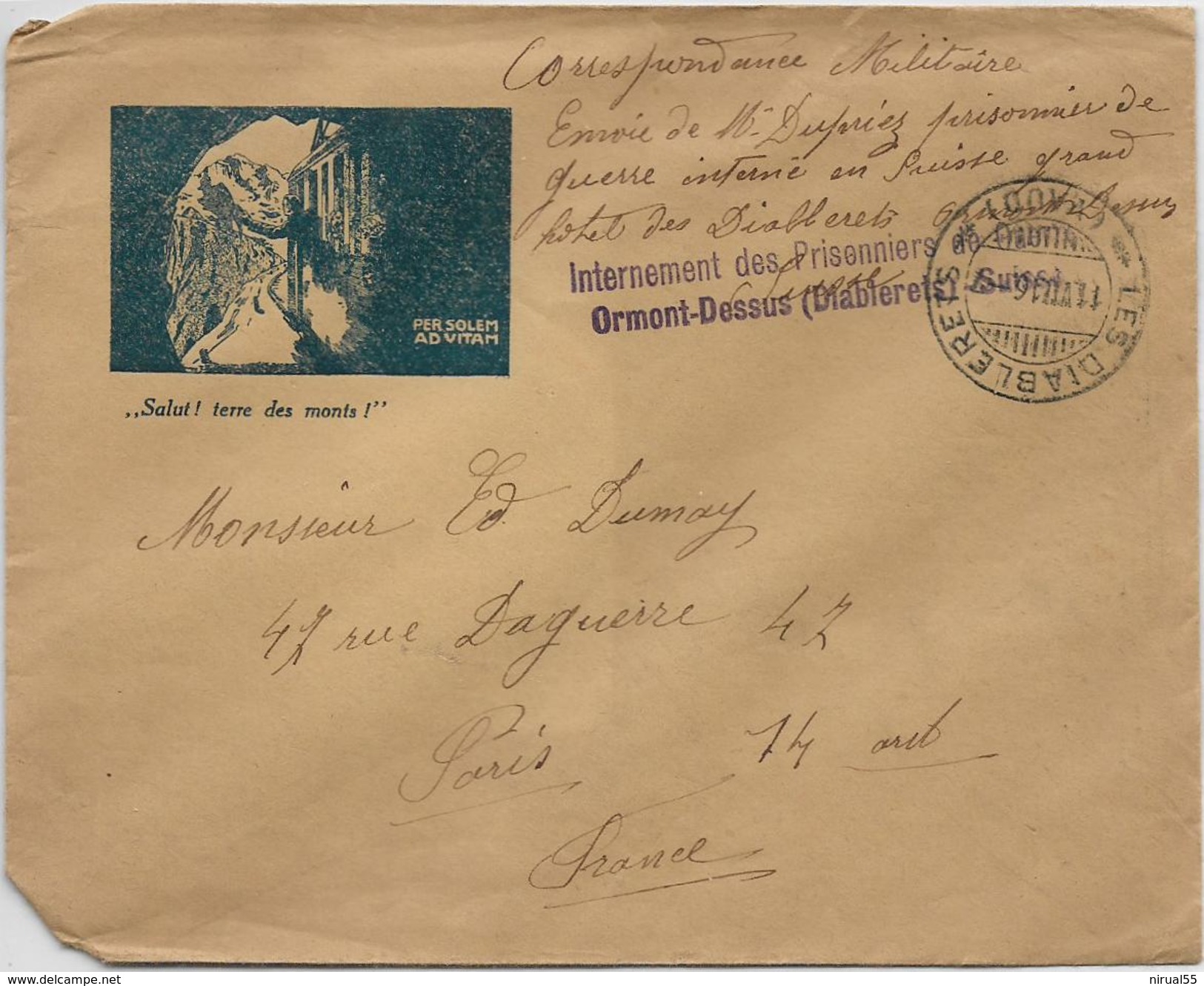 Guerre 14 18 LES DIABLERETS Suisse Griffe Violette Internement Des Prisonniers De Guerre ORMONT DESSUS (Diablere  ....G - Postmarks