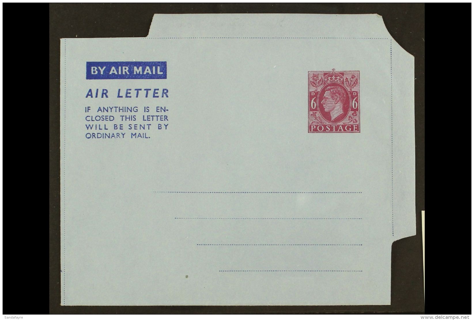 AEROGRAMME 1950 6d Red-violet On Blue Air Letter Sheet On UNWATERMARKED PAPER Variety (H&amp;G 7c, Kessler 7c),... - Non Classés