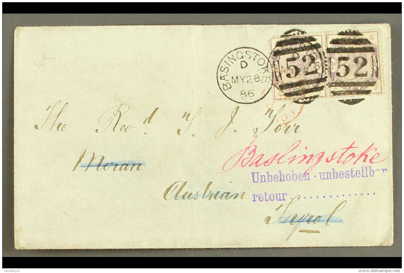 1886 (28 MAY) COVER TO AUSTRIAN TYROL Bearing 1883-84 3d Lilac Pair With Good Colour, SG 191, These Tied By Fine... - Other & Unclassified