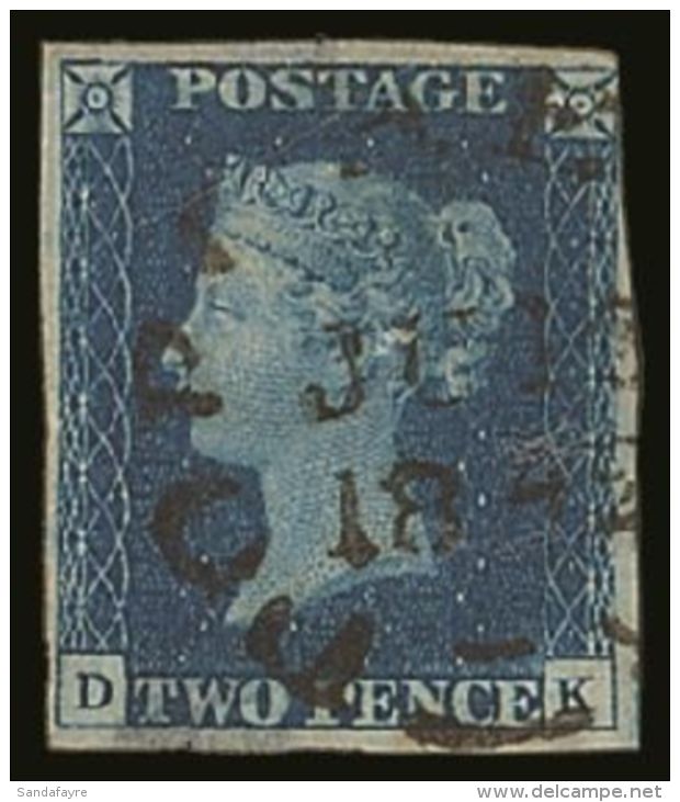 1840 2D BLUE WITH CIRCULAR DATESTAMP. 1840 2d Blue 'DK' Plate 2, Cancelled By Fine Upright Fully Dated... - Other & Unclassified