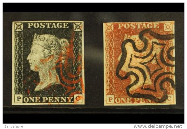 1840 - 1841 MATCHED PAIR 1840 1d Black "PC" Plate 2, 1841 1d Red-brown "PC" Plate 2, Lovely Matched Pair Of Black... - Autres & Non Classés