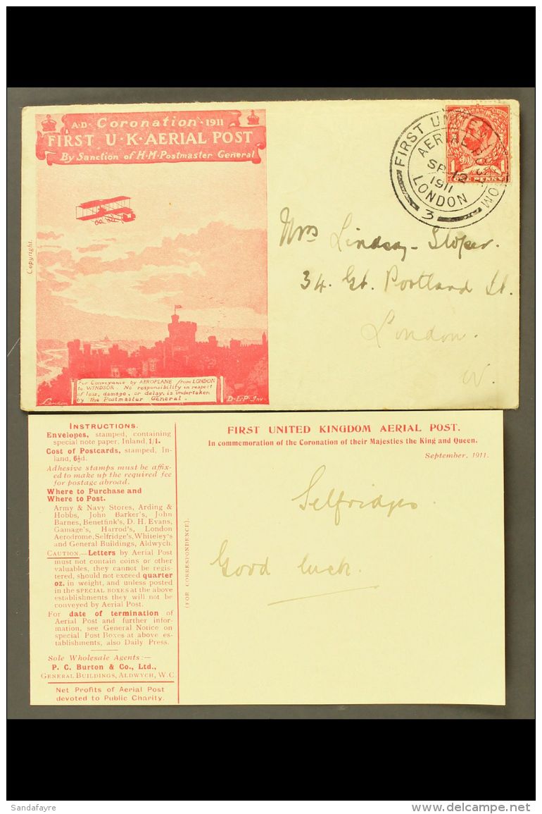 1911 FIRST AERIAL POST COVER Illustrated Envelope In Scarlet, Franked 1d, Clear &amp; Full Strike Of "FIRST UNITED... - Other & Unclassified