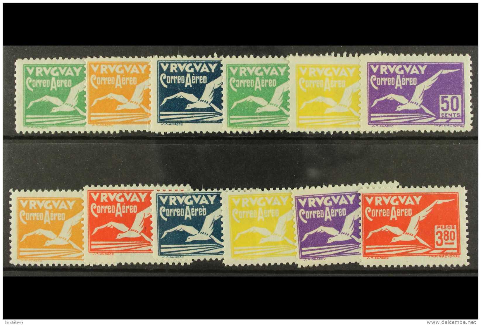 1928 Airmail Set, "Bird In Flight" Scott C14-25, Very Fine Mint (12). For More Images, Please Visit... - Uruguay