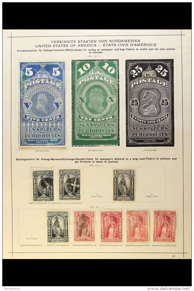 NEWSPAPER STAMPS. A Single Album Pages With 1865 10c Green Unused Scott PR2 &amp; 1881 5c Dark Blue (feint... - Other & Unclassified