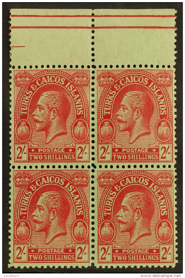 1922-26 2s Red On Emerald Wmk MCA, SG 174, Superb Never Hinged Mint Upper Marginal BLOCK Of 4, Very Fresh. (4... - Turks And Caicos