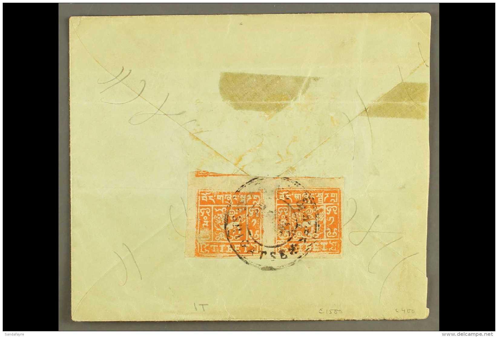 1954 1t Cinnamon (SG 11Bc) PAIR Tied To Reverse Of Env By SHIGATSE Circular Handstamp. For More Images, Please... - Tibet