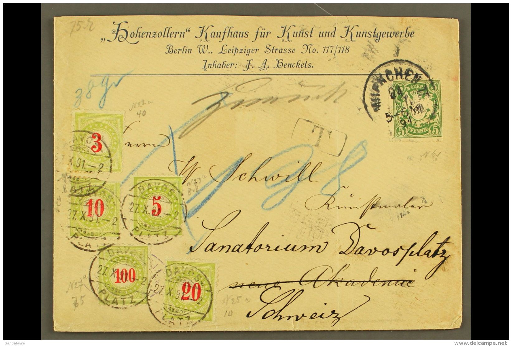 1891 SPECTACULAR POSTAGE DUE COVER. 1891 (24 Oct) Cover From Bavaria Bearing 5pf Stamp (should Have Been 68pf!),... - Other & Unclassified