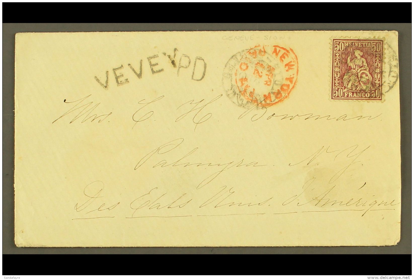 1873 (8 Apr) Env To The USA Bearing The 50c Purple (SG 67 / Zum 43) Tied Geneve - Sion Cds With Another Strike... - Other & Unclassified