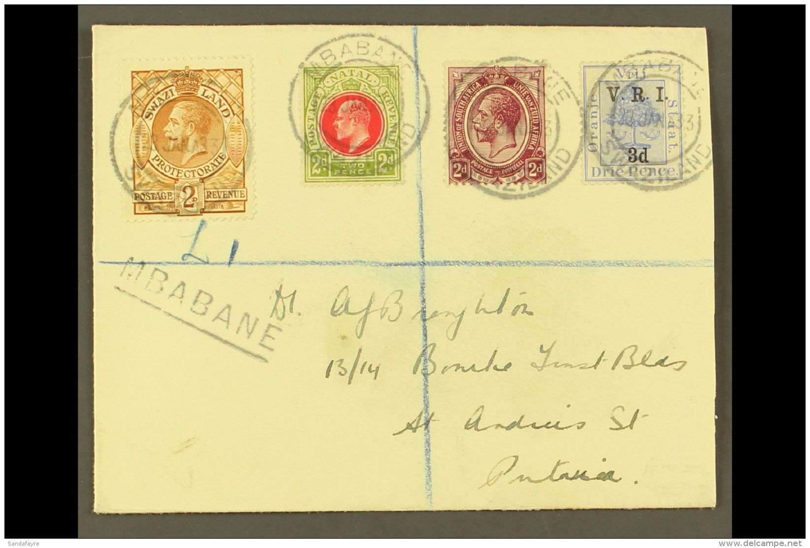 1933 (23 Jan) Registered Env From Mbabane To Pretoria Bearing Natal 2d, OFS 3d, SA 2d &amp; Swaziland 2d Stamps... - Swasiland (...-1967)