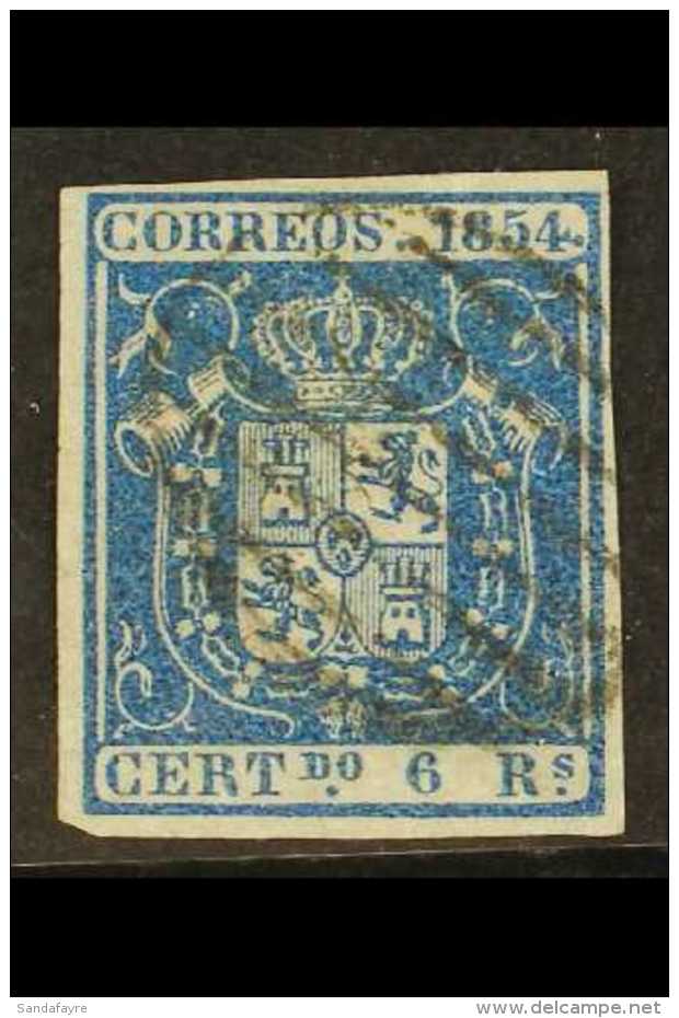 1854 6r Deep Blue On Thin Paper, Four Margins, Edifil 27a, SG 38a, Very Fine Used For More Images, Please Visit... - Other & Unclassified