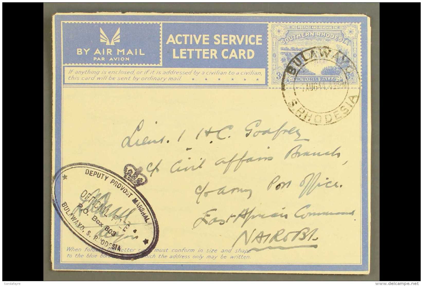 ACTIVE SERVICE LETTER CARD 1944 3d Ultramarine On White, No Overlay, H&amp;G 4, Fine Used With "Bulawayo 1 AUG 44"... - Southern Rhodesia (...-1964)