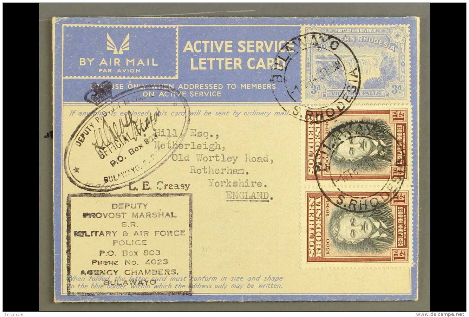 ACTIVE SERVICE LETTER CARD 1942 3d Ultramarine On Buff Without Overlay, Uprated With 1&frac12;d Pair Of Rhodes... - Southern Rhodesia (...-1964)