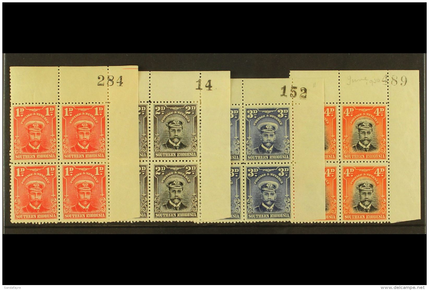 1924-9 1d, 2d, 3d &amp; 4d In Top Right Corner Marginal Blocks Of With Sheet Number, SG 2, 4/6, 2d Horiz. Crease,... - Southern Rhodesia (...-1964)