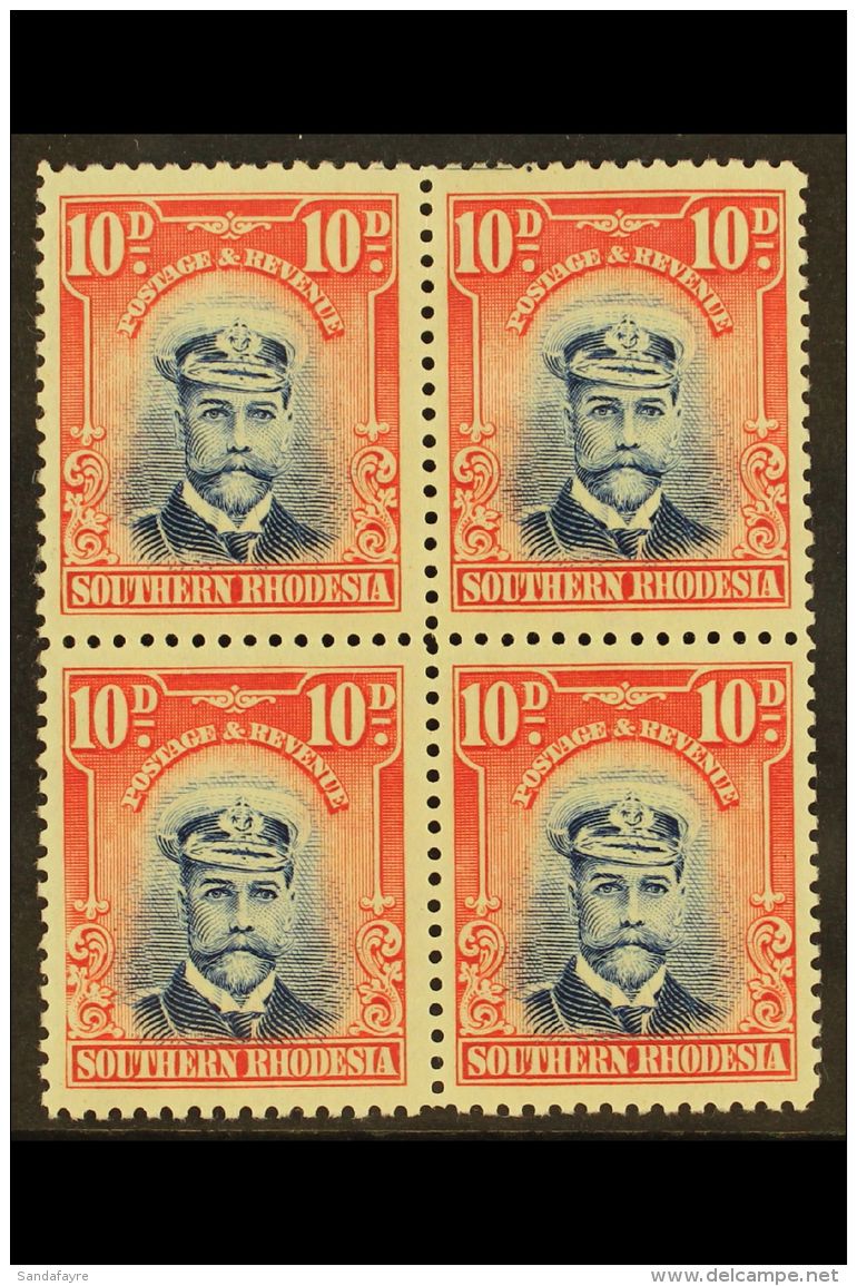 1924-9 10d Blue &amp; Rose, KGV Admiral, BLOCK OF FOUR, With Blue Guide Line At Top, SG 9, Lightly Hinged On Top... - Southern Rhodesia (...-1964)