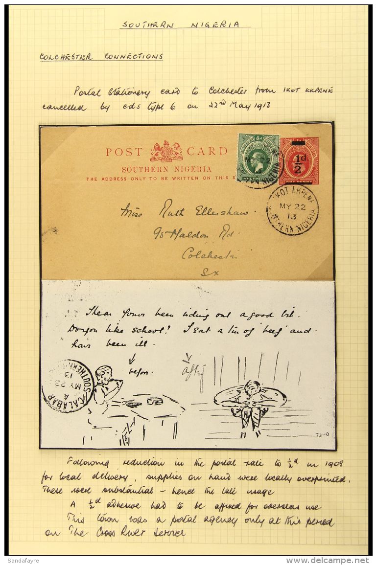 IKOT EKPENE 1908 &frac12;d Provisional Postal Stationery Card, Uprated Geo V &frac12;d Green To Colchester Both... - Nigeria (...-1960)