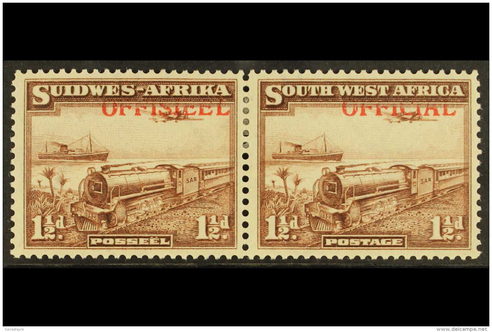 OFFICIALS 1945-50 1&frac12;d Ovpt Shifted Top Right SG O20 (SACC 20b), Very Fine Mint Pair. For More Images,... - Afrique Du Sud-Ouest (1923-1990)