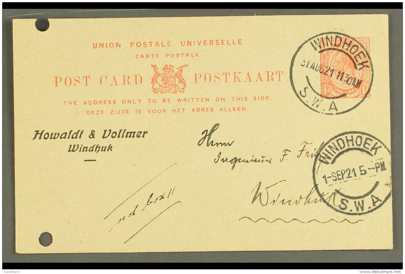 1921 (31 Aug) 1d Union Postal Card To Windhuk Cancelled By Very Fine "WINDHOEK" Cds, Putzel Type 19, With... - Afrique Du Sud-Ouest (1923-1990)