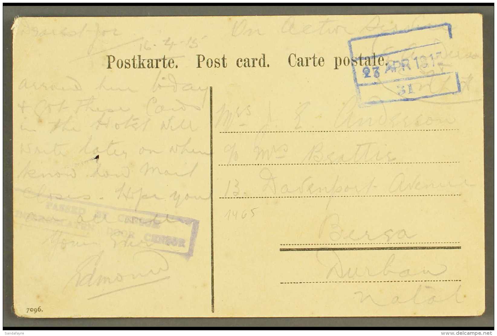 1915 (23 Apr) "On Active Service" Colour Ppc Of Lazareth Field At Bethanian Addressed To Durban With Fine Field... - South West Africa (1923-1990)