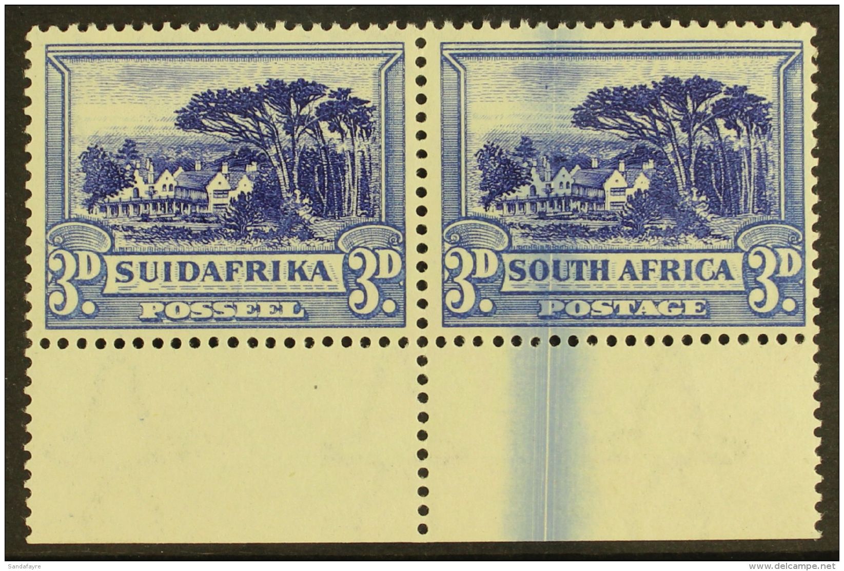 UNION VARIETY 1930-44 3d Blue, Watermark Inverted, Lower Marginal Example With LARGE INK FLAW Across Margin And... - Non Classés