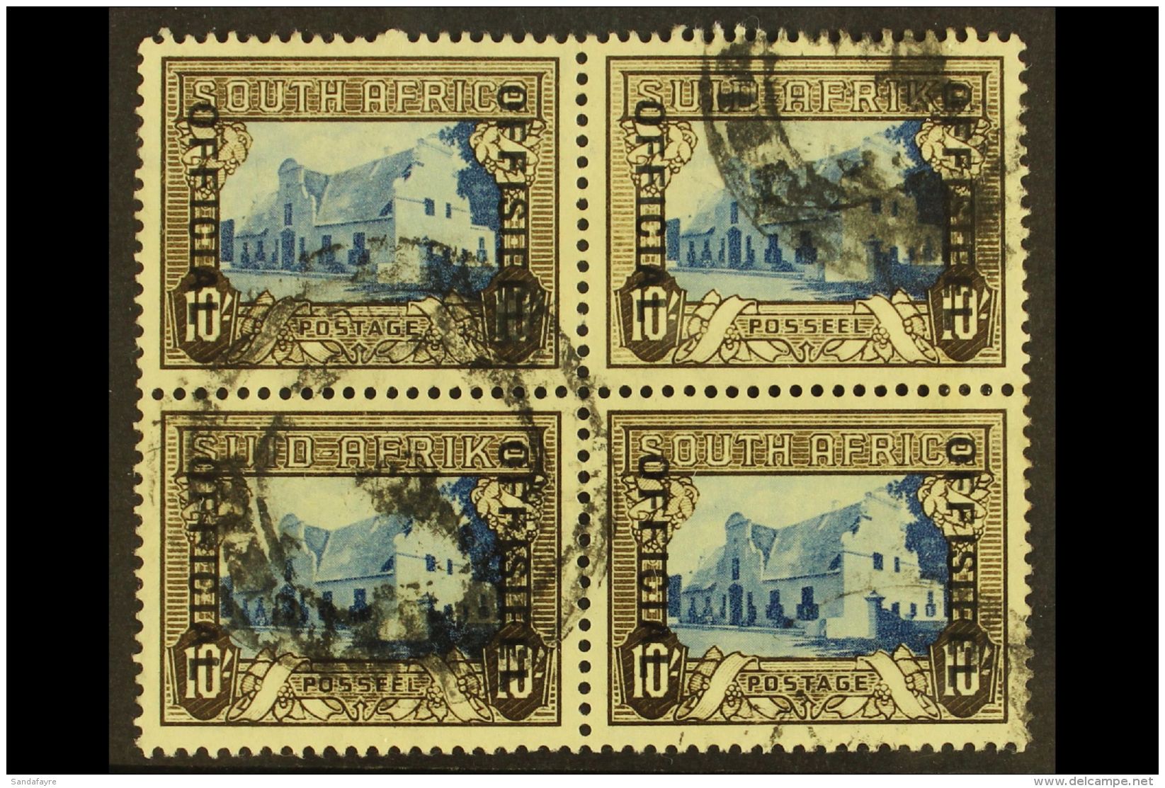 OFFICIALS 1935-49 10s Blue &amp; Sepia, OFFICIAL AT LEFT, Block Of 4, SG O29, Used With Smudgy Pretoria Postmarks,... - Unclassified