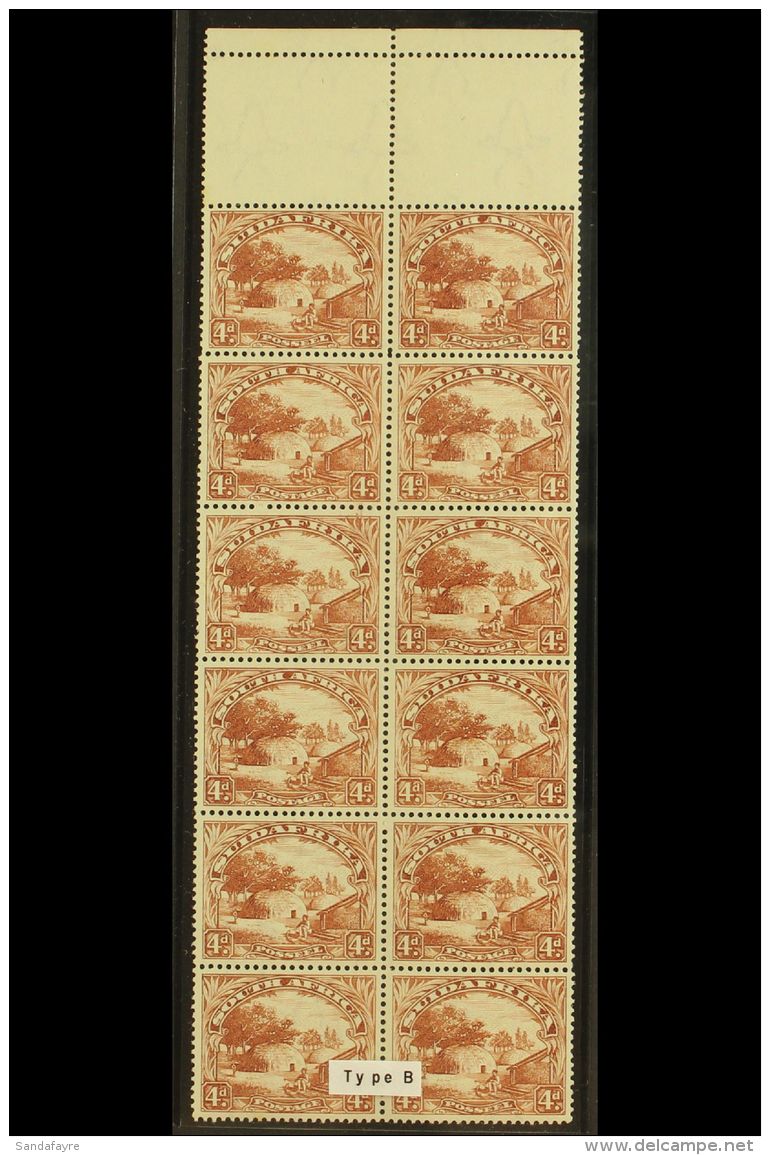 1930-44 4d Brown, Redrawn, Watermark Inverted, Marginal Block Of 12 (6 Pairs), SG 46cw, One Toned Perf, Otherwise... - Unclassified