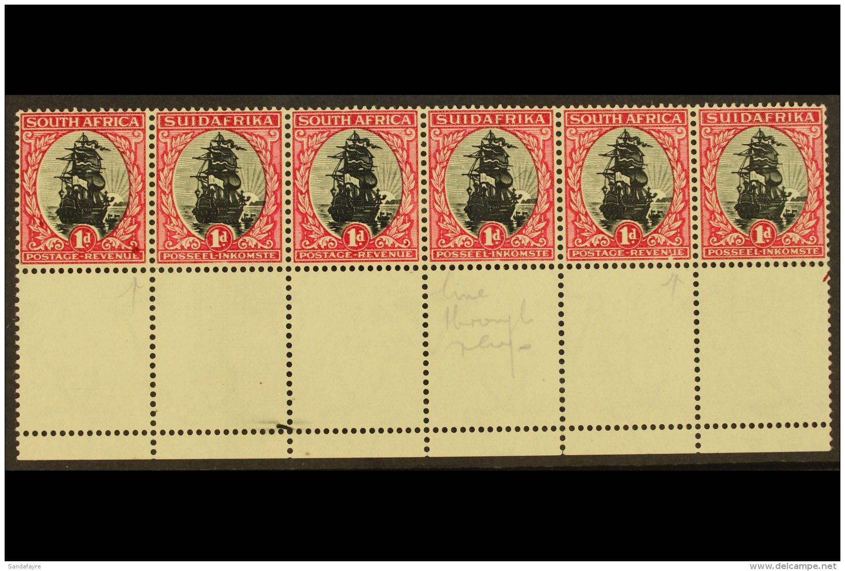 1930-44 1d Black &amp; Carmine, Type I, Horizontal Strip Of Six From Base Of Sheet, Issue 6 With Varieties Black... - Unclassified