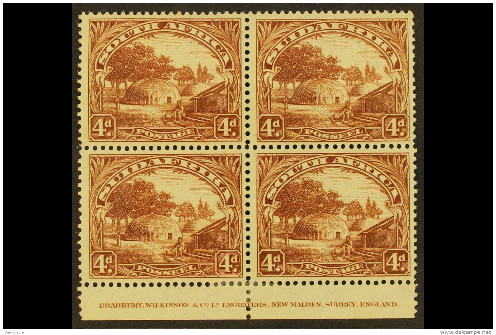 1927-30 4d Brown, Perf.14 X 13&frac12;, Imprint Block Of 4, SG 35c, One Slightly Toned Perf At Top, Otherwise Very... - Unclassified