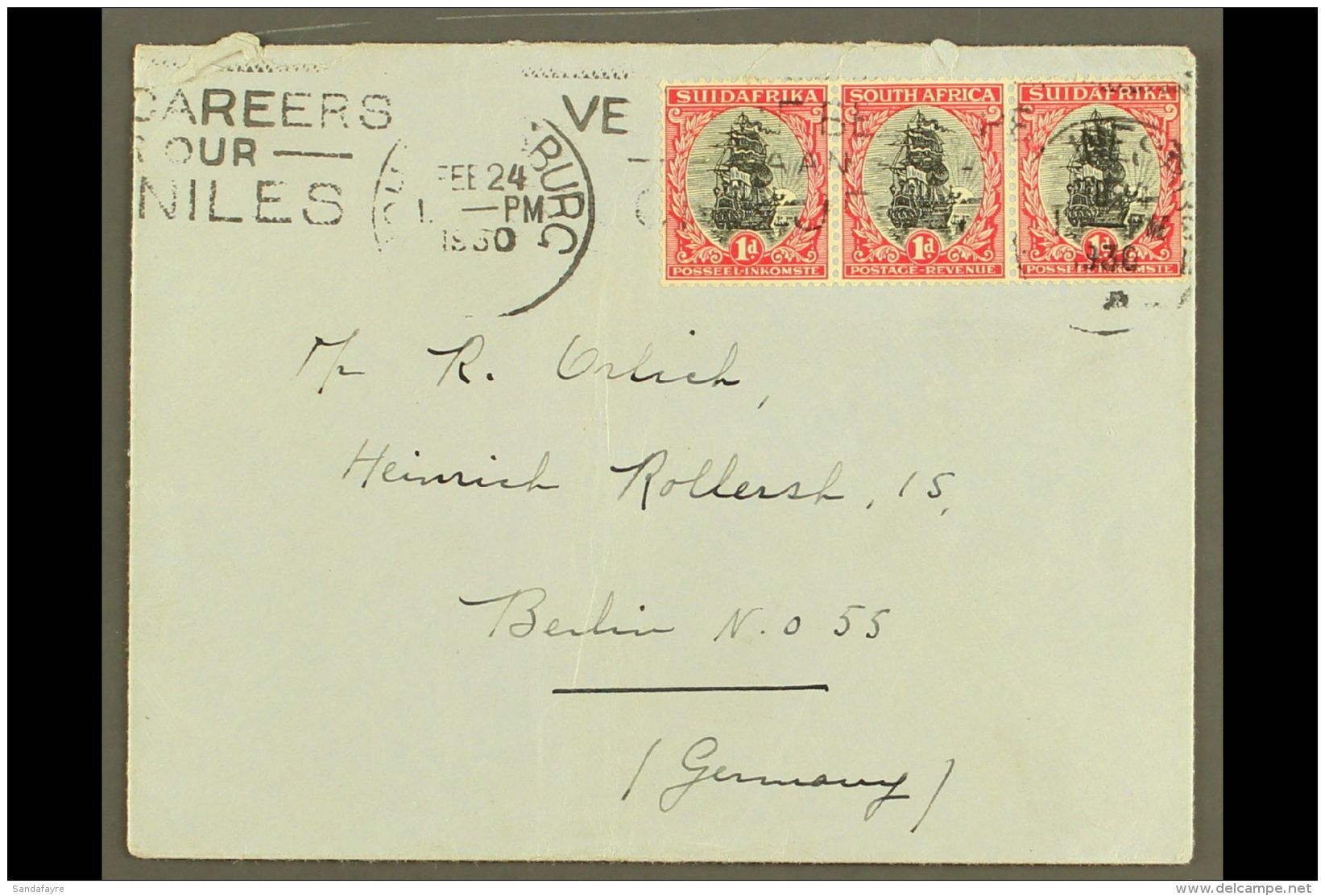1926-7 1d Black &amp; Red, Pretoria Printing, Perf.13&frac12;x14, Strip Of 3 Used On 1930 Cover, SG 31d, Light... - Unclassified