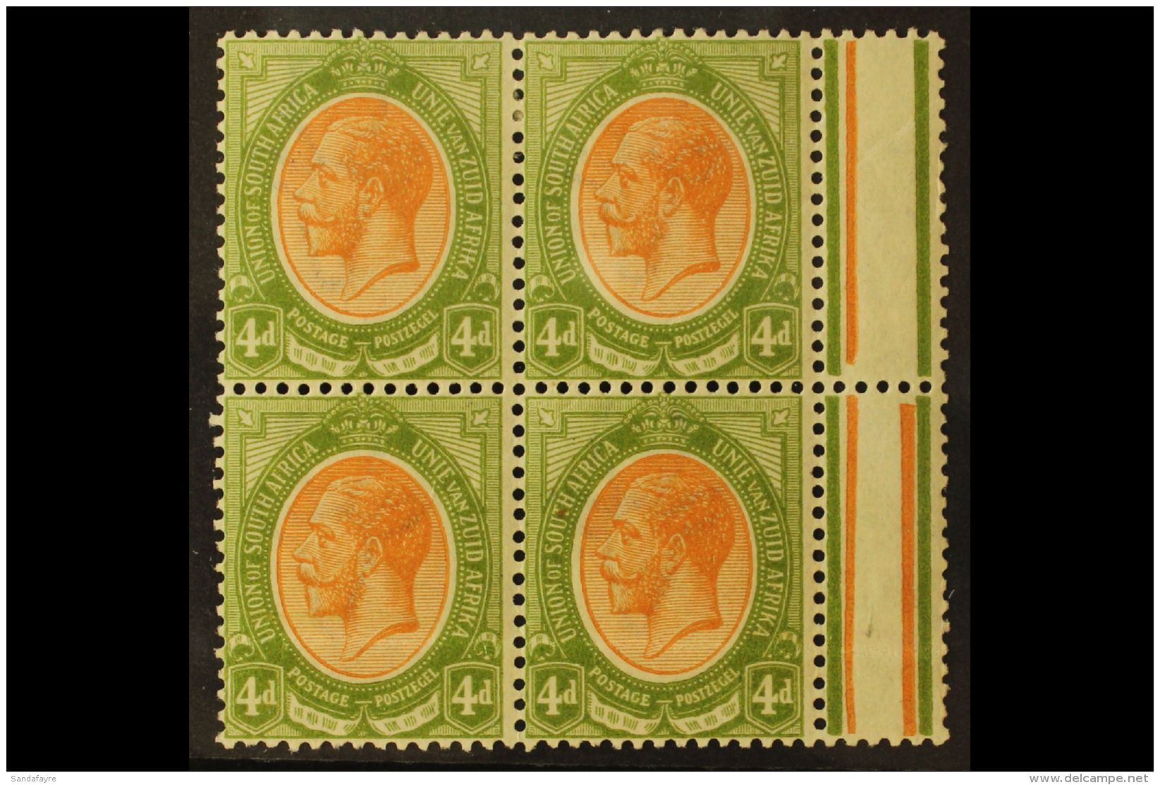 1913-24 4d Orange-yellow &amp; Sage-green, Marginal Block Of 4 With MISSING JUBILEE LINE In Margin VARIETY, SG... - Unclassified