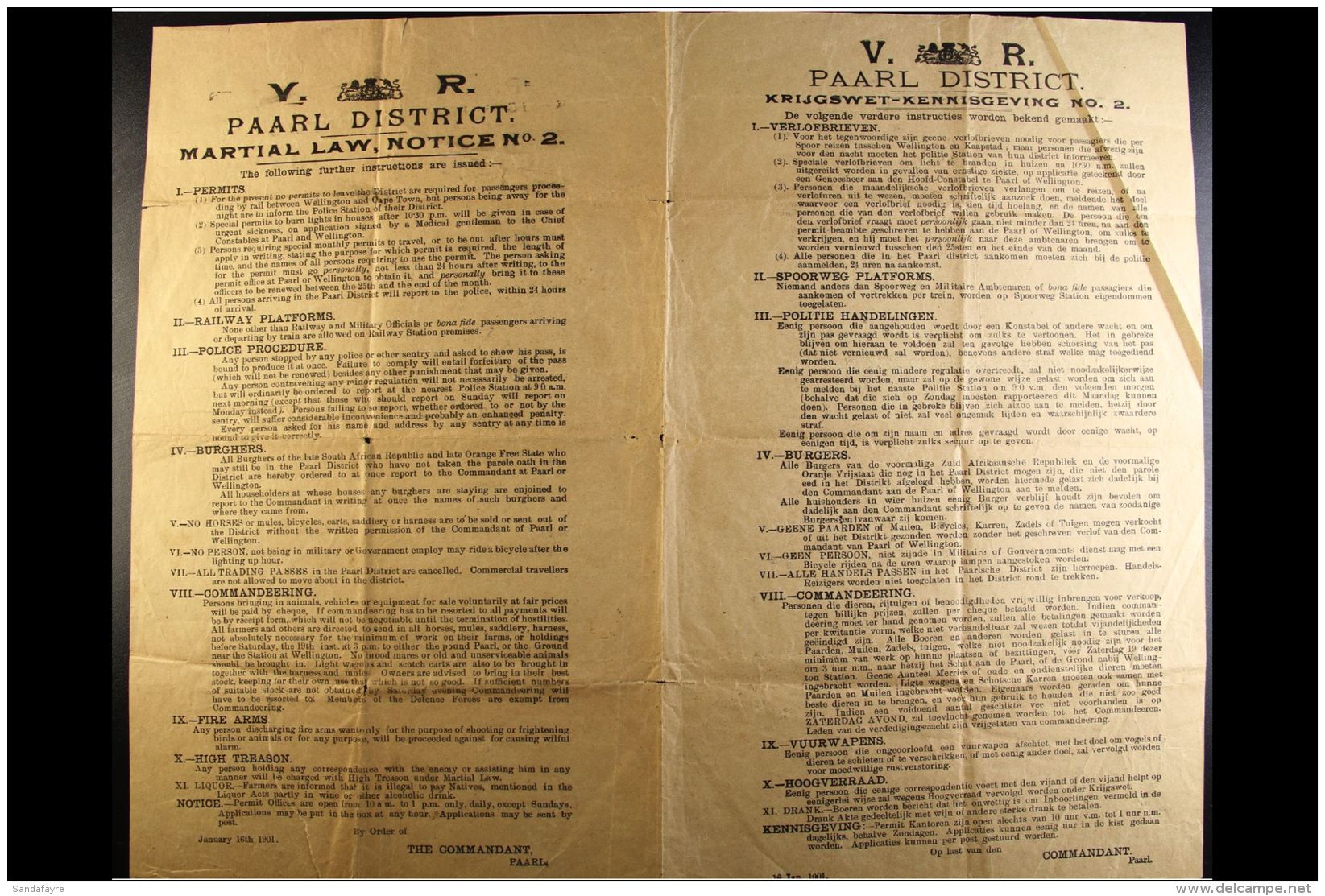 BOER WAR PAARL DISTRICT. MARTIAL LAW, NOTICE No.2, Bilingual Notice Dated January 16th 1901 Detailing The Further... - Non Classés