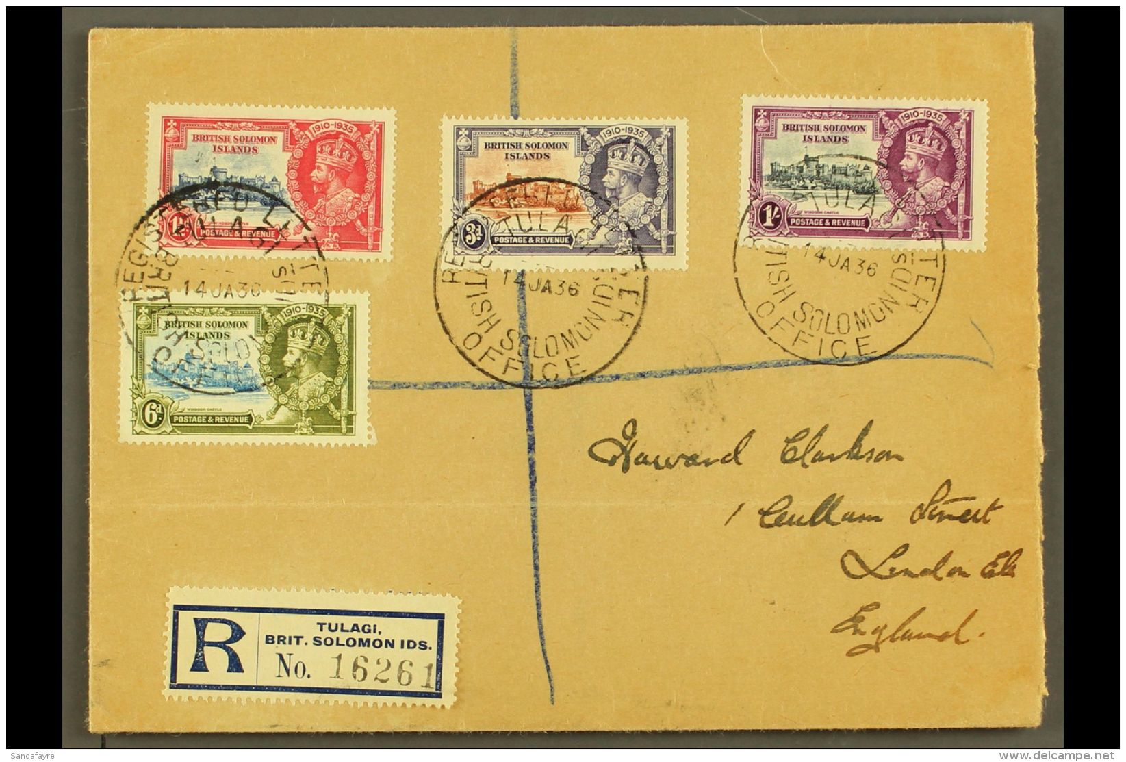 1935 Silver Jubilee Complete Set, SG 53/56. Fine Used On Reg Cover To England, Tied By REGISTERED LETTER OFFICE /... - Iles Salomon (...-1978)