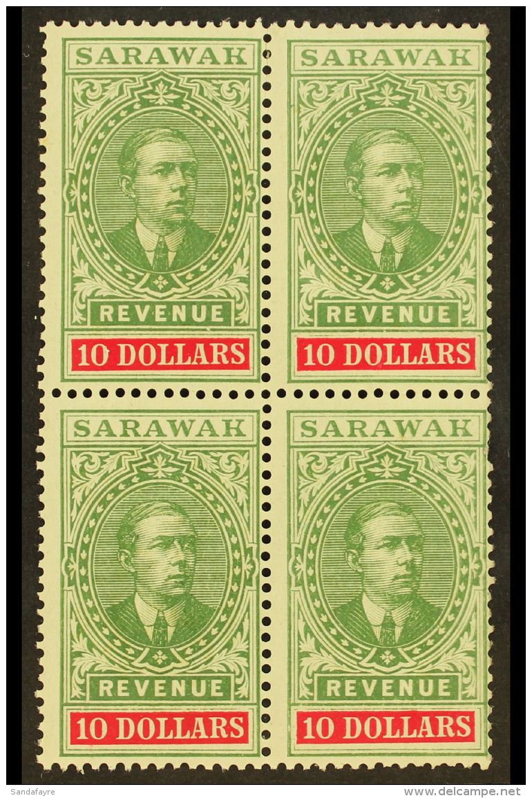 REVENUE STAMPS 1918 $10 Green And Carmine (Barefoot 40, Tan R21) BLOCK OF FOUR Never Hinged Mint, Lower Right... - Sarawak (...-1963)