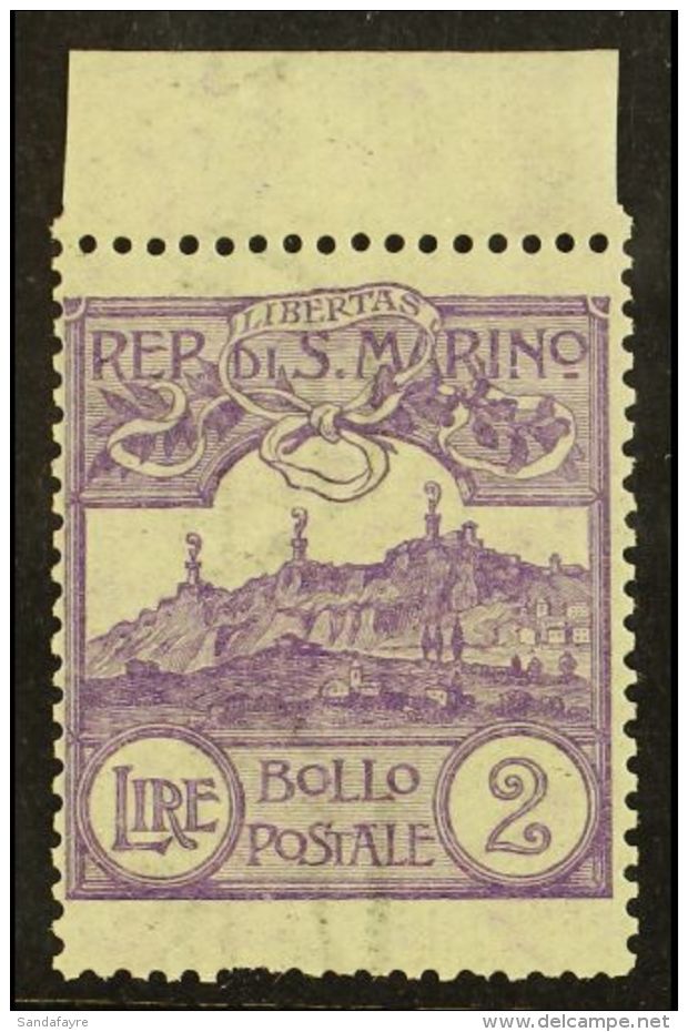 1903 2L Violet Mt Titano (SG 50, Sass 44, Scott 72) Mint Upper Marginal Example, Short Perf At Base. For More... - Other & Unclassified