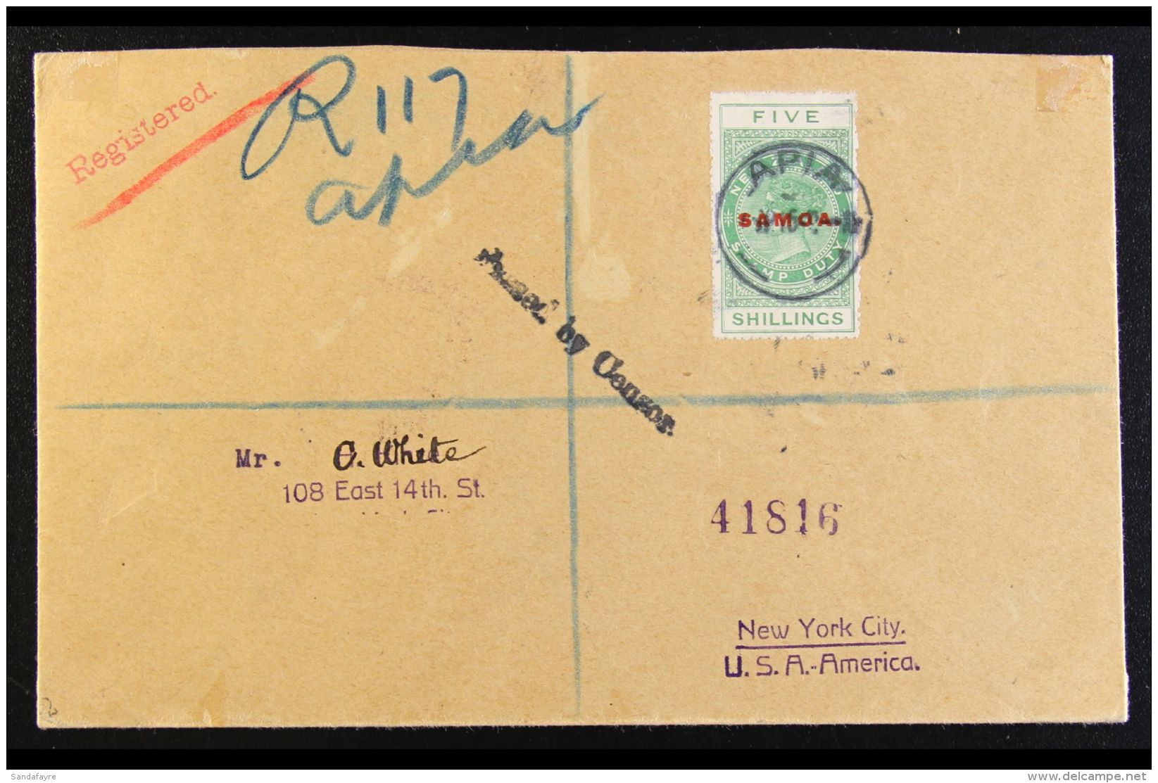 1915 (OCT) Registered Censored Cover To New York Bearing 1914-24 5s Yellow-green Postal Fiscal, Perf 14, SG 124,... - Samoa